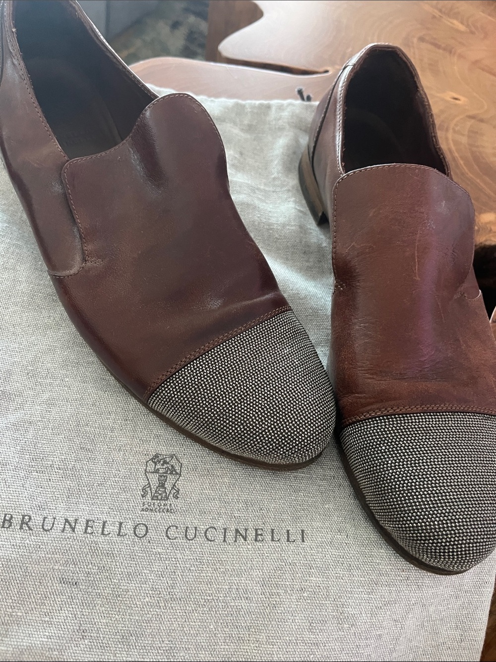 Brunello Cucinelli Spectator Leather Slip-Ons with Textured Toe Cap. Size 40